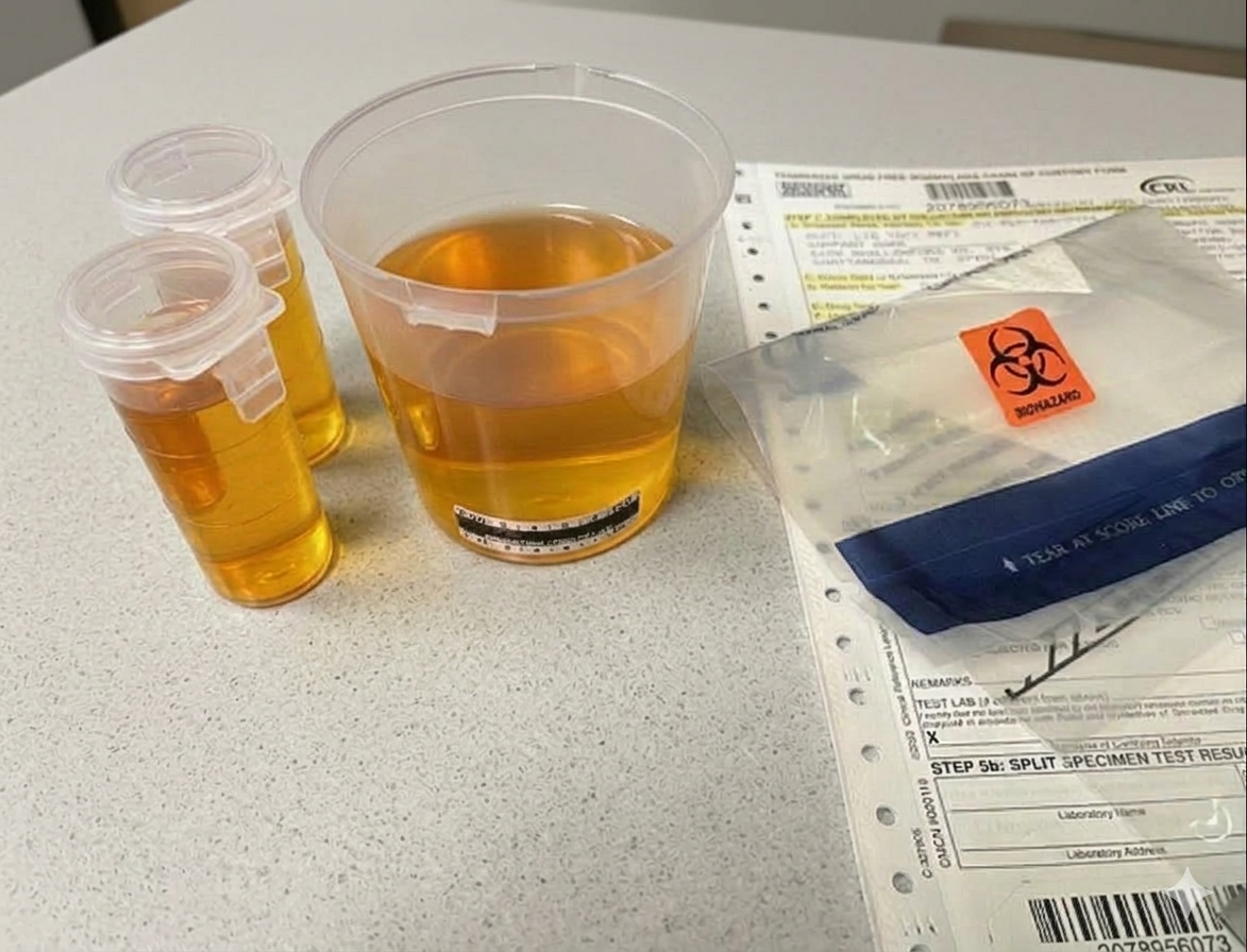 Certified collector performing a federal DOT drug test using a custody and control form for regulated drug testing.