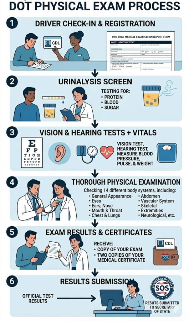 Commercial driver completing the DOT physical testing process with a certified medical examiner.
